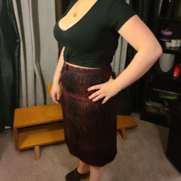 VTG Maroon Fur Midi Skirt - Picture 1 of 3